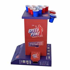 BeerCup Bounce, speedpong játékoszlop, kompakt doboz, 6 kék és piros pohár, mellékelve 2 labdácska