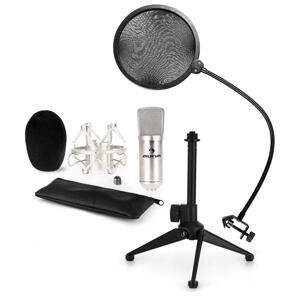 auna CM001S mikrofon készlet V2 - kondenzátoros mikrofon, mikrofon állvány, pop szűrő, ezüstszínben