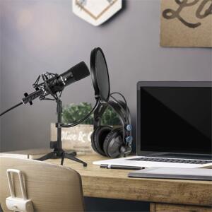 Auna CM001B V2 mikrofon szett, fejhallgató, kondenzátor mikrofon, USB adapter, állvány, pop filter, fekete